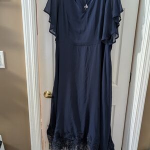 Chic Asymmetrical Navy Maxi Dress with Lace Hem